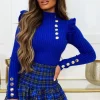 MOOCCI Meet Me Later Cobalt Frill Sleeve Gold Button Top<Women Knitwear