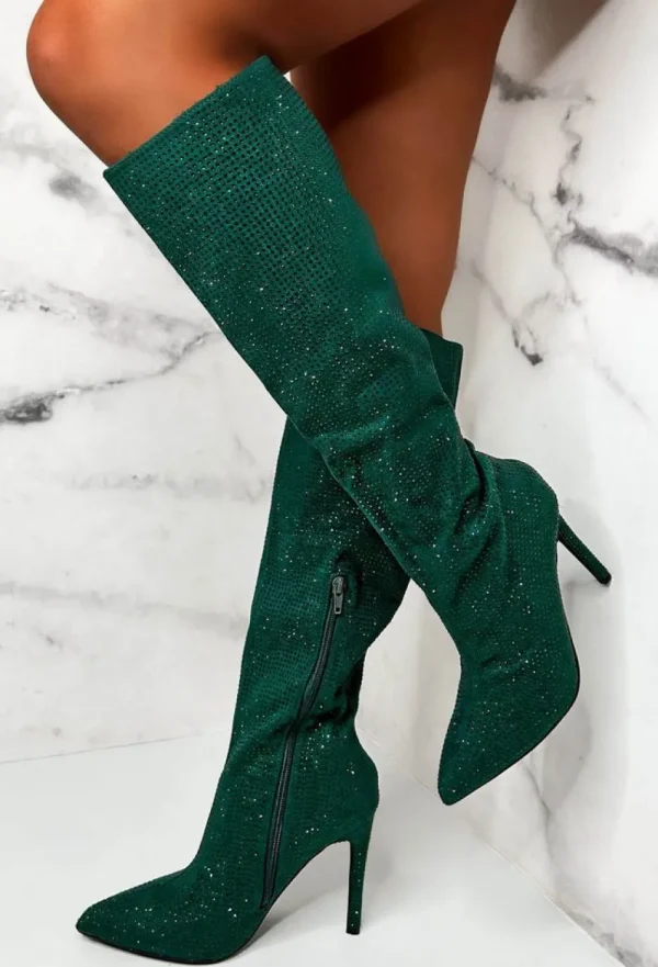 EWANYE Memorable Nights Green Diamond Gem Knee Boots<Women Boots