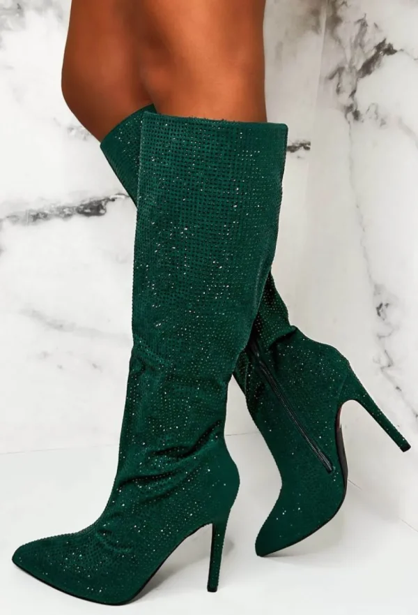 EWANYE Memorable Nights Green Diamond Gem Knee Boots<Women Boots