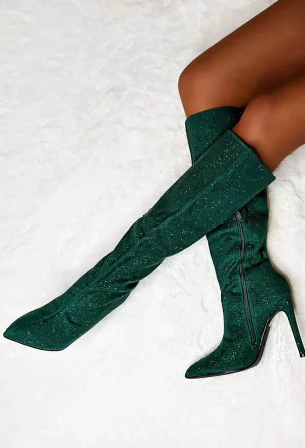 EWANYE Memorable Nights Green Diamond Gem Knee Boots<Women Boots