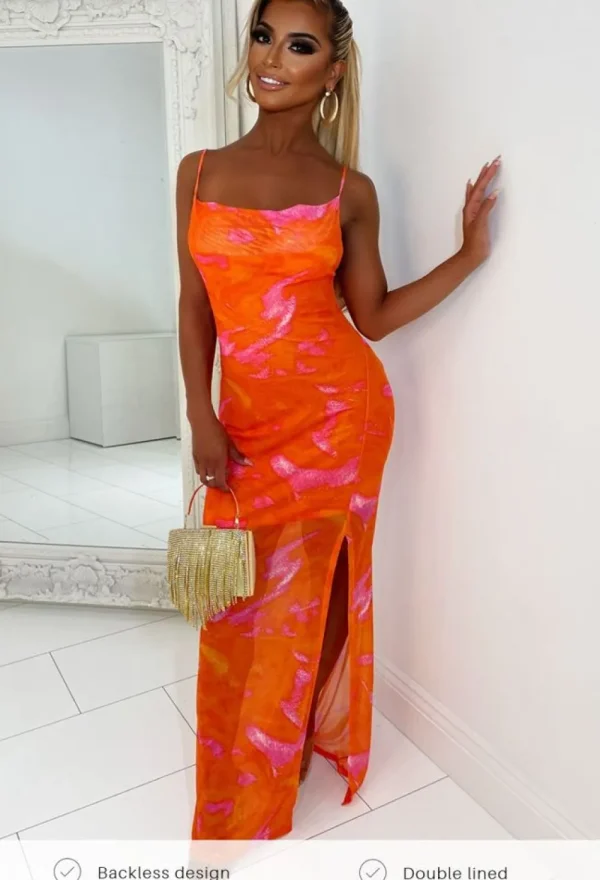 BABEZ Meshy Heart Orange Marble Mesh Backless Maxi Dress<Women Summer Dresses