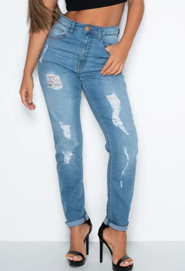 PIVOTAL Montana Mid Blue Distressed Slim Mom Jean<Women Jeans