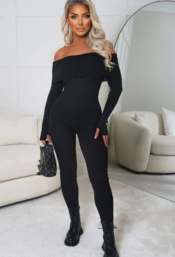 GIORGIA Movie Icon Black Bardot Knitted Loungewear Jumpsuit<Women Loungewear