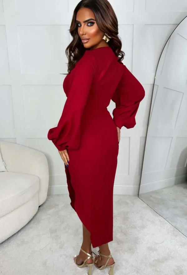 VJK My Moment Red Long Sleeve Ruched Detail Midi Dress<Women Dresses