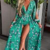 FP u0026 CO My Paradise Green Tropical Long Sleeve Bodysuit Split Leg Maxi Dress<Women Summer Dresses