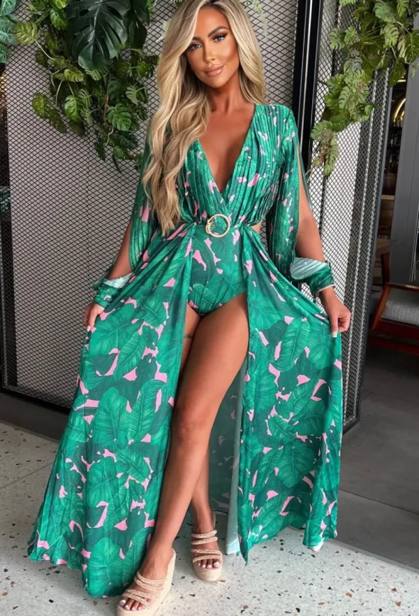 FP u0026 CO My Paradise Green Tropical Long Sleeve Bodysuit Split Leg Maxi Dress<Women Summer Dresses