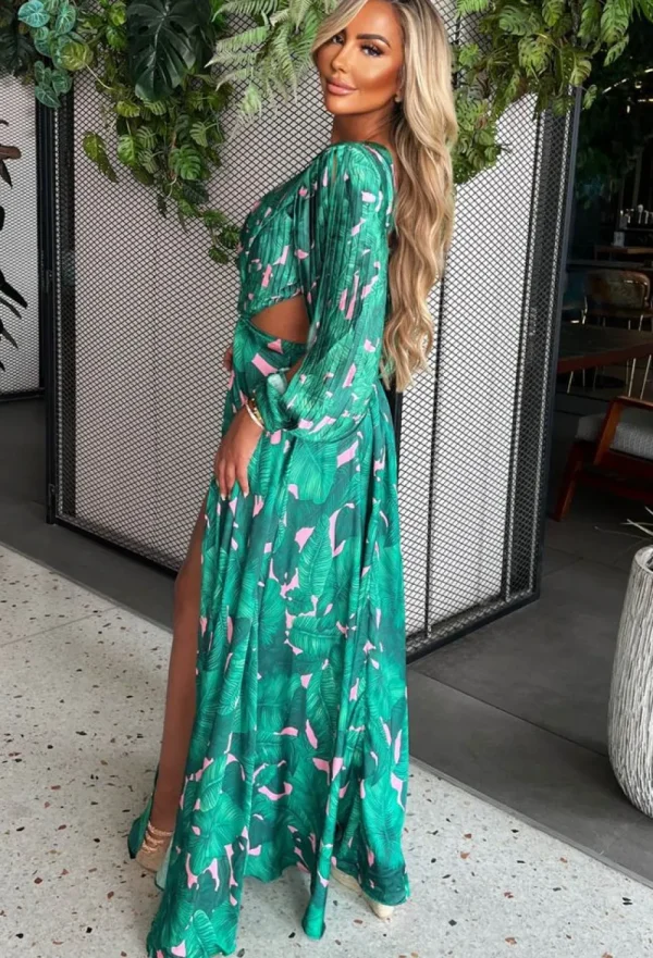 FP u0026 CO My Paradise Green Tropical Long Sleeve Bodysuit Split Leg Maxi Dress<Women Summer Dresses