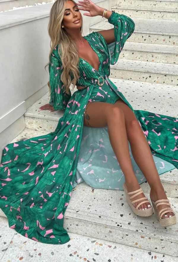 FP u0026 CO My Paradise Green Tropical Long Sleeve Bodysuit Split Leg Maxi Dress<Women Summer Dresses