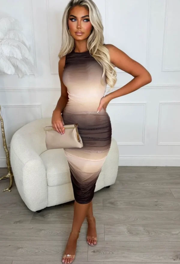 SOFT TOUCH Mysterious Lover Brown Ombre Double Lined Stretch Ruched Midi Dress<Women Dresses