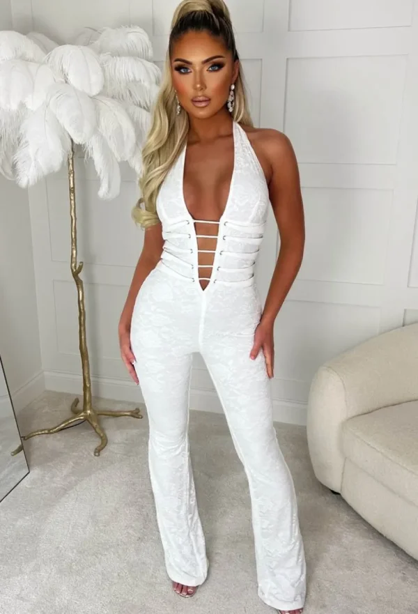 FP u0026 CO Mystic White Lace Halterneck Flared Tie Up Stretch Jumpsuit Limited Edition<Women Jumpsuits