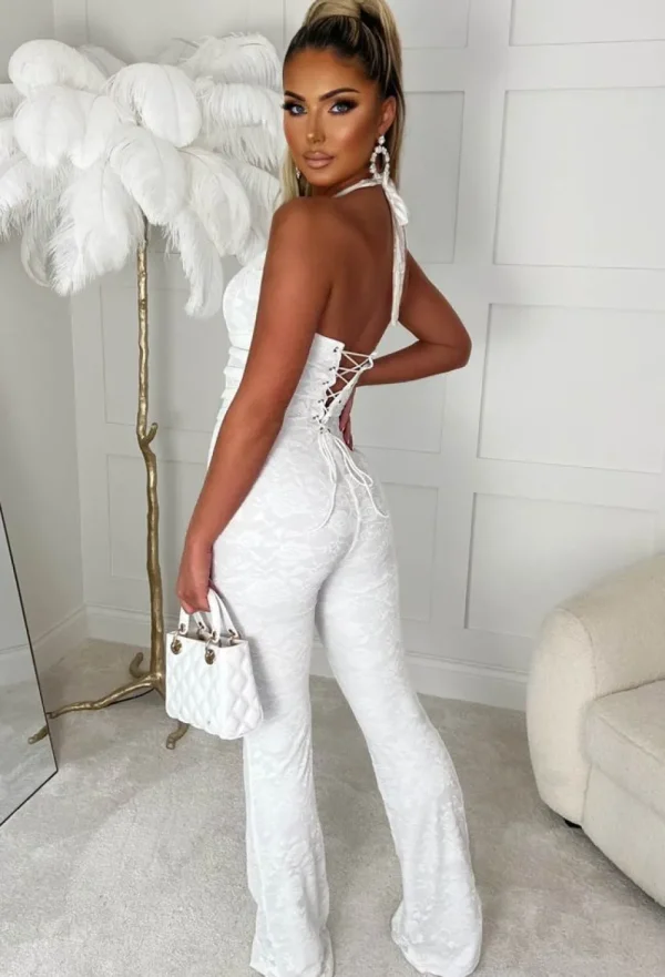 FP u0026 CO Mystic White Lace Halterneck Flared Tie Up Stretch Jumpsuit Limited Edition<Women Jumpsuits