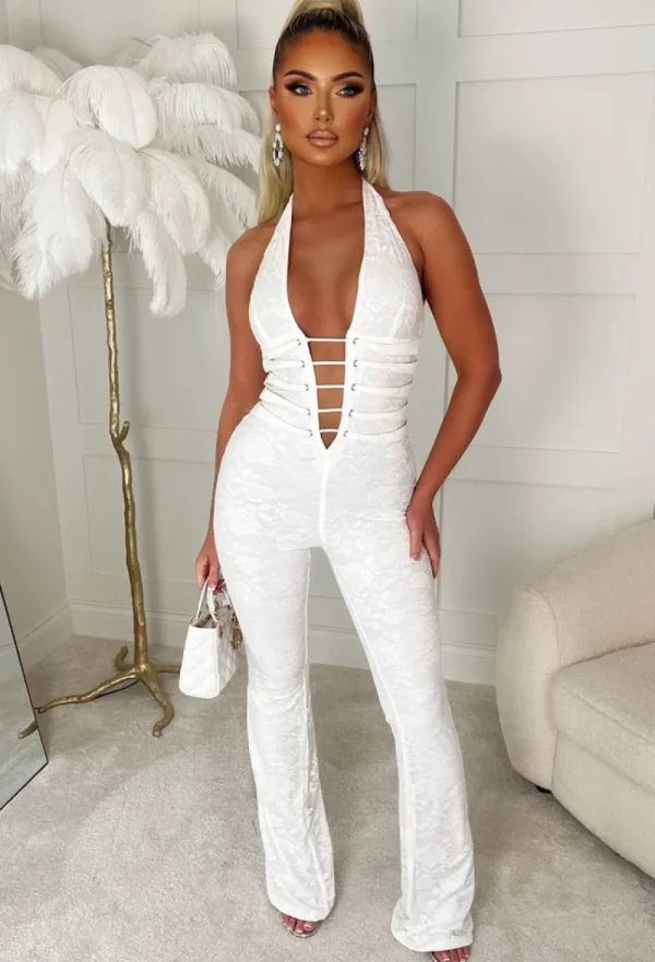 FP u0026 CO Mystic White Lace Halterneck Flared Tie Up Stretch Jumpsuit Limited Edition<Women Jumpsuits