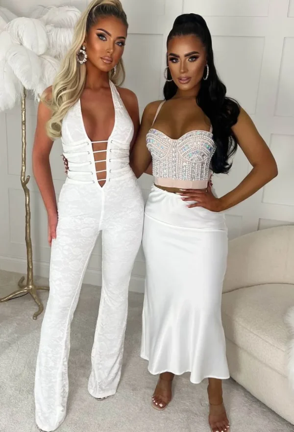 FP u0026 CO Mystic White Lace Halterneck Flared Tie Up Stretch Jumpsuit Limited Edition<Women Jumpsuits