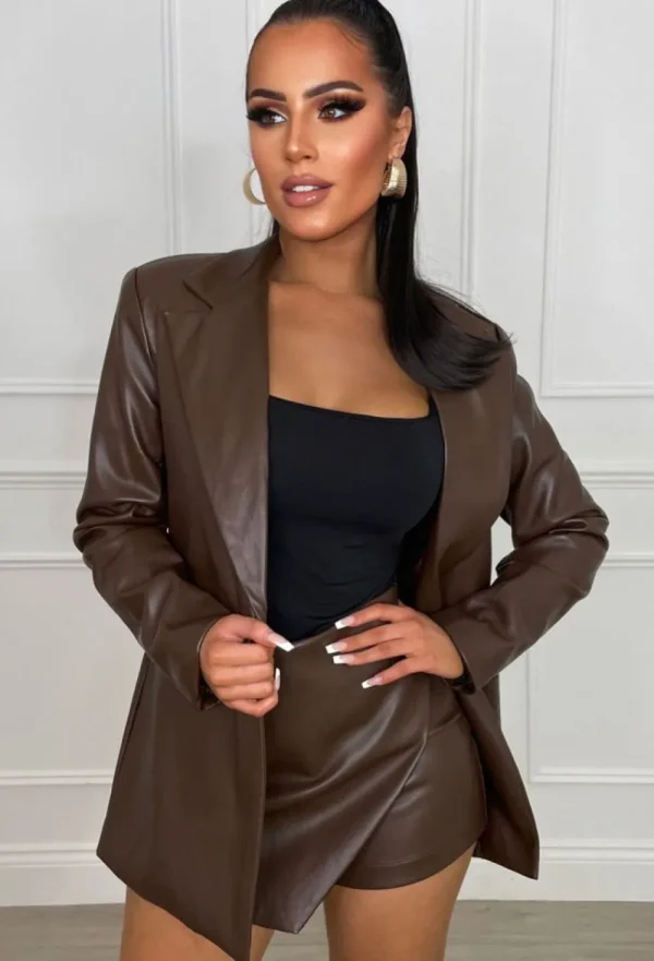 AMY u0026 CLO Off The Clock Brown Pu Faux Leather Blazer<Women Coats And Jackets