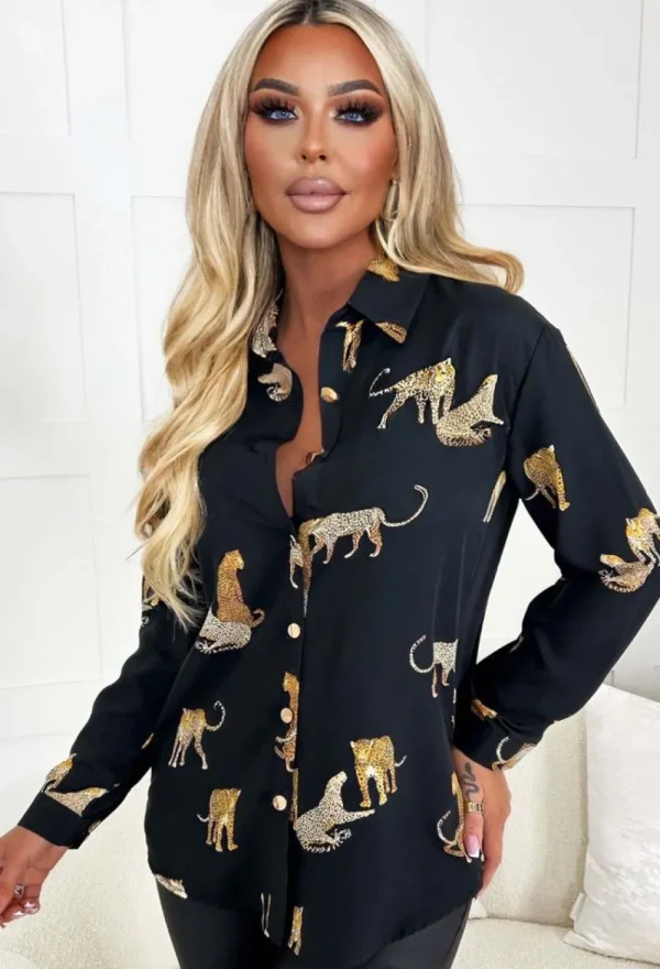 Z2 On Your Mind Black Leopard Print Gold Button Oversized Shirt<Women Tops