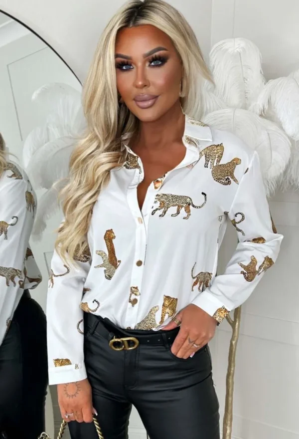 Z2 On Your Mind White Leopard Print Gold Button Oversized Shirt<Women Tops