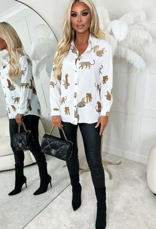 Z2 On Your Mind White Leopard Print Gold Button Oversized Shirt<Women Tops