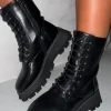 CITY SHOES One Call Away Black Chunky Wedge Lace Up Boot<Women Boots