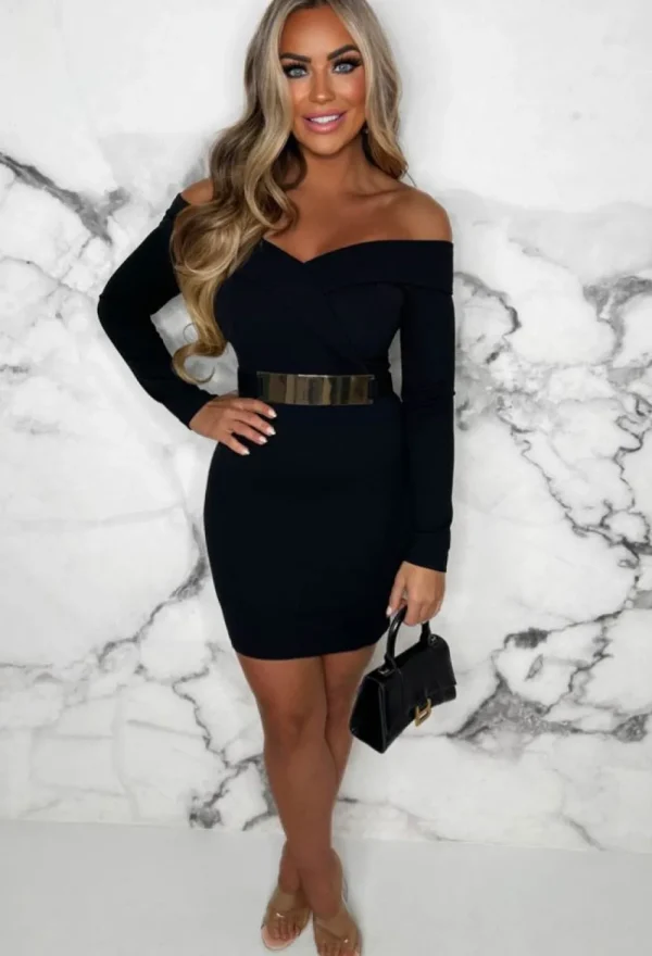 VJK Out On The Town Black Bardot Belted Bodycon Mini Dress<Women Dresses