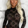 BELLEZA Outta My System Black Stretch Sheer Lace Bodysuit<Women Tops