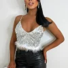 LEA MODE Over Him Silver Sequin Feather Trim Crop Top<Women Tops