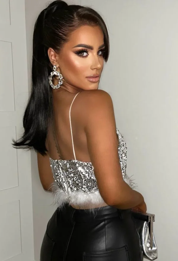 LEA MODE Over Him Silver Sequin Feather Trim Crop Top<Women Tops