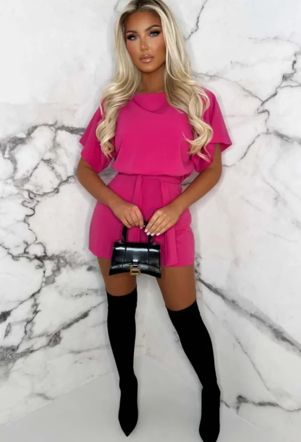 PINK BOUTIQUE UK Over The Top Pink Belted Playsuit<Women Playsuits