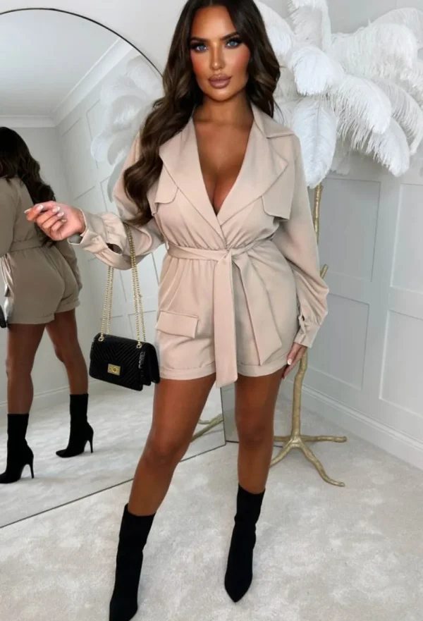 INSTA GIRL Over Too Soon Beige Mac Stretch Playsuit With Tie Belt<Women Jumpsuits