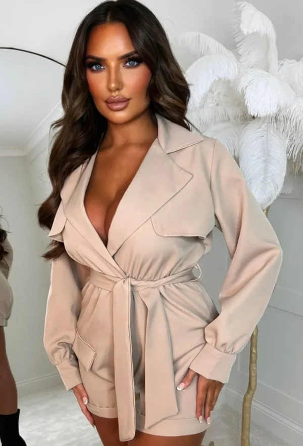 INSTA GIRL Over Too Soon Beige Mac Stretch Playsuit With Tie Belt<Women Jumpsuits