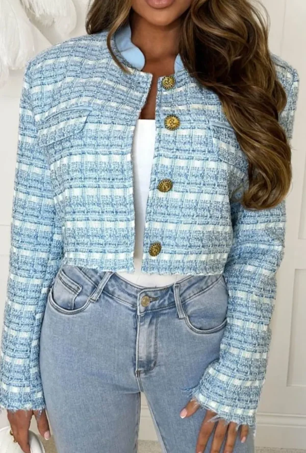 Babez Parisian Illusion Light Blue Tweed Cropped Cut Off Jacket<Women Coats And Jackets