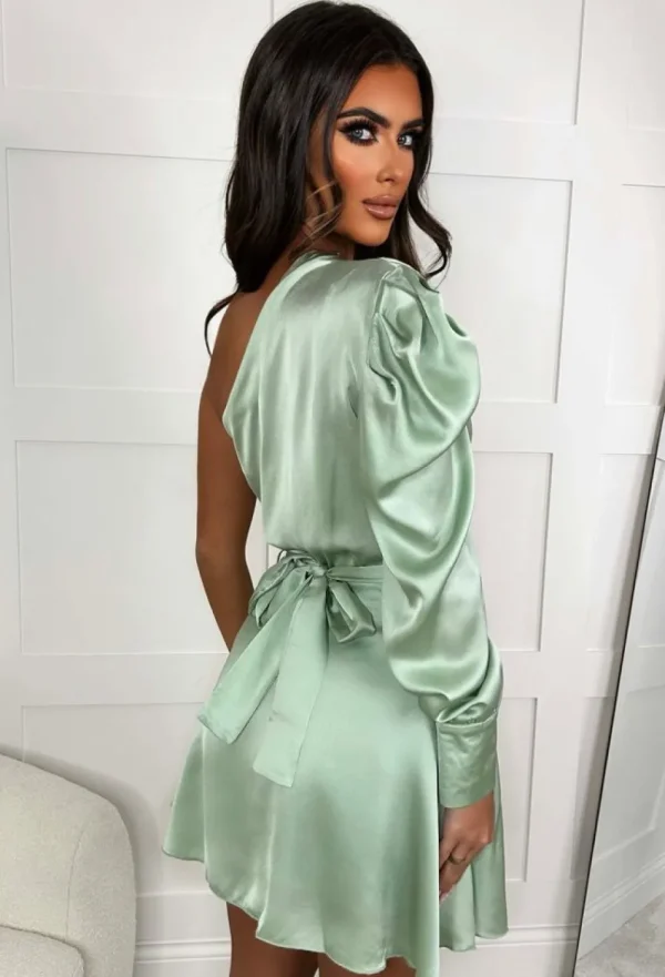 EIGHT PARIS Pastel Perfection Mint Green Stretch Waist Satin One Sleeve Belted Mini Dress<Women Dresses