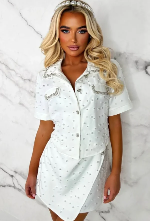 GIORGIA Pearly Dream White Pearl Embellished Shirt & Mini Skirt Co-Ord Set Limited Edition<Women Co-Ords