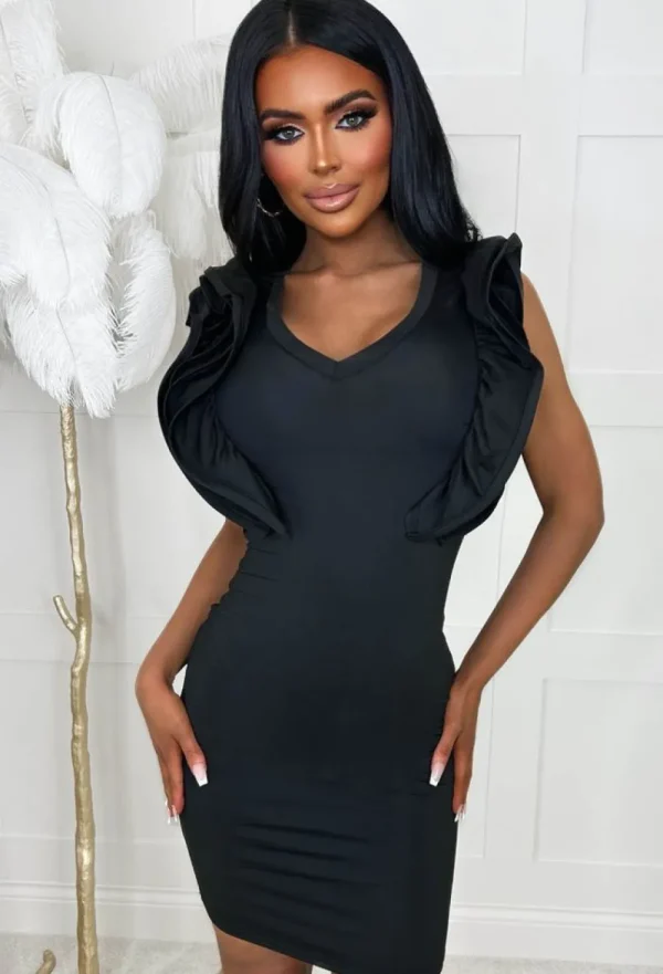 SOY u0026 CO Perfect Frill Black Frill Sleeve V Neck Mini Dress<Women Dresses