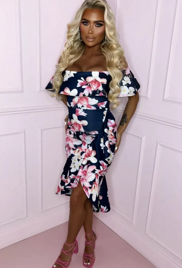 EVITA Perfect Love Navy Floral Bardot Midi Dress<Women Summer Dresses