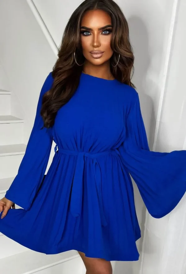 INSTA GIRL Pleat Perfect Cobalt Flared Sleeve Pleated Belted Mini Dress<Women Dresses