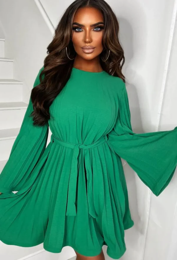 INSTA GIRL Pleat Perfect Green Flared Sleeve Pleated Belted Mini Dress<Women Dresses