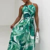 FLAM MODE Pleated Perfection Green Marble Print Pleated Tie Waist Dress<Women Summer Dresses