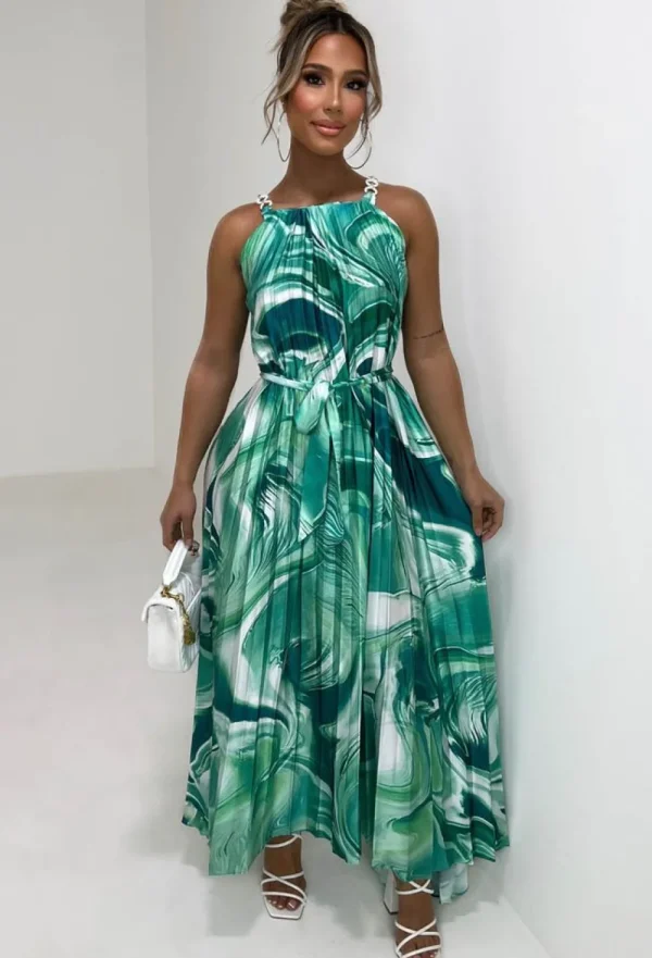 FLAM MODE Pleated Perfection Green Marble Print Pleated Tie Waist Dress<Women Summer Dresses