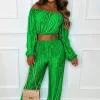 J5 FASHION Plisse I'M Yours Green Super Stretch Bardot Plisse Co-Ord Set<Women Co-Ords