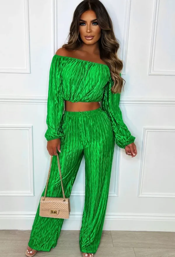 J5 FASHION Plisse I'M Yours Green Super Stretch Bardot Plisse Co-Ord Set<Women Co-Ords