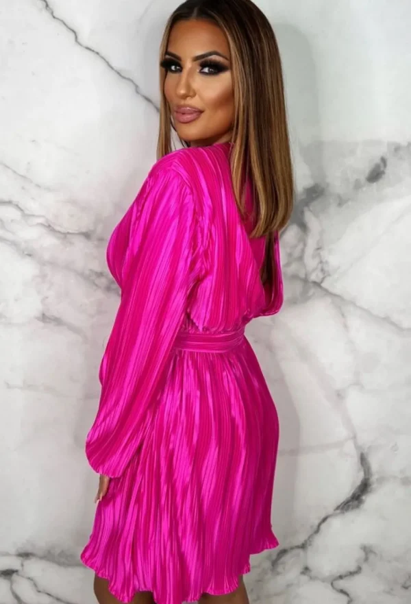 LUCCE Plisse Please Hot Pink Pleated Long Sleeve Wrap Belted Mini Dress<Women Summer Dresses