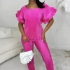 LEA MODE Plisse You'Re Mine Pink Frill Sleeve Plisse Trouser Co-Ord Set<Women Co-Ords