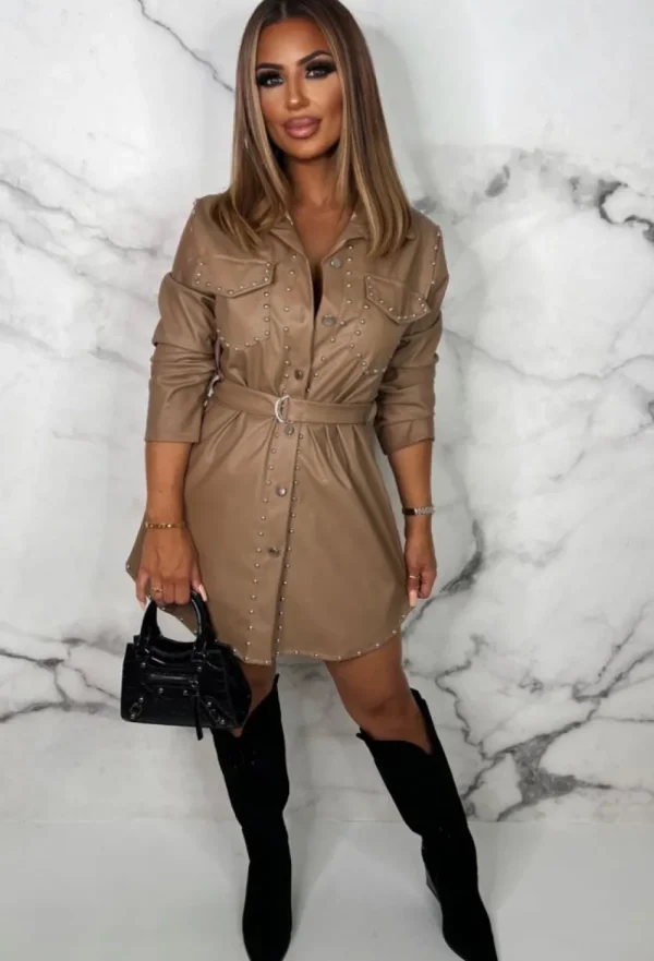 J5 FASHION Prescilla Nude Studded Belted Faux Leather Mini Shirt Dress<Women Dresses