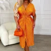 BABEZ Pretty In Plisse Orange Plisse Knot Midi Dress<Women Summer Dresses