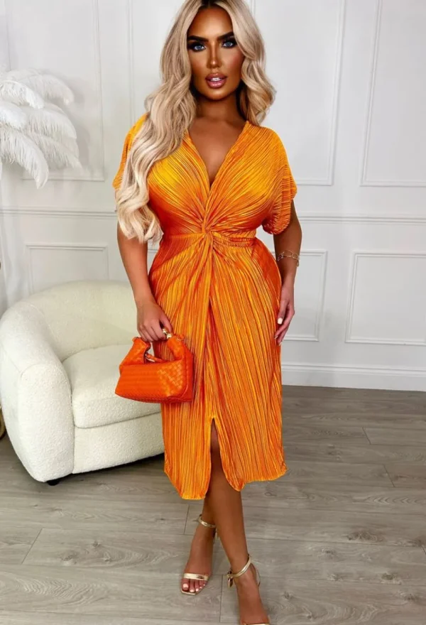 BABEZ Pretty In Plisse Orange Plisse Knot Midi Dress<Women Summer Dresses