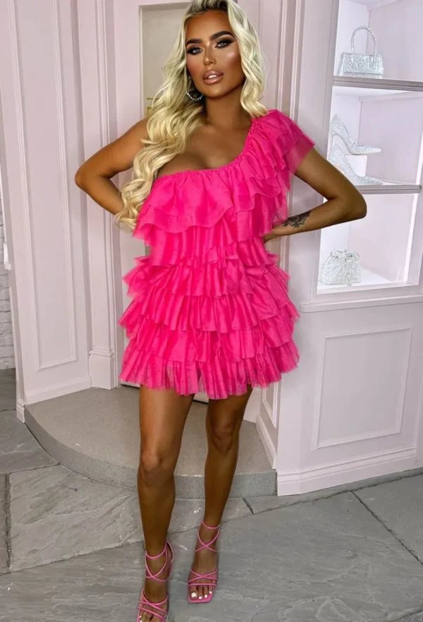 By May Princess Vibe Hot Pink Tulle Mesh One Shoulder Mini Dress<Women Dresses