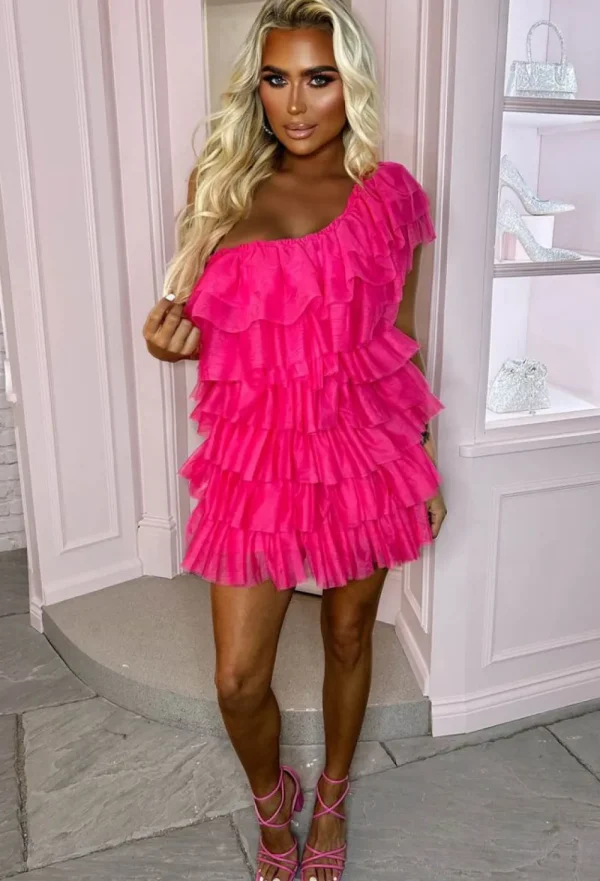 By May Princess Vibe Hot Pink Tulle Mesh One Shoulder Mini Dress<Women Dresses