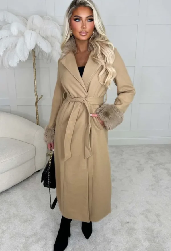 CHERRY KOKO Pure Destiny Camel Faux Fur Trimmed Belted Coat<Women Coats And Jackets