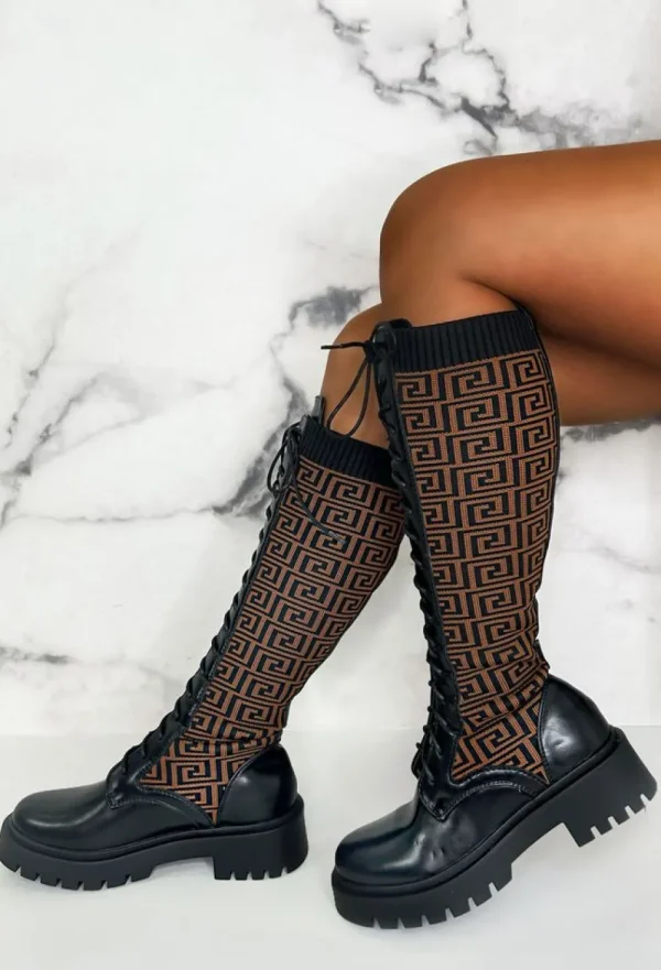 IDEAL SHOES Quite Obsessed Black Knitted Geometric Lace Up Knee High Boots<Women Boots