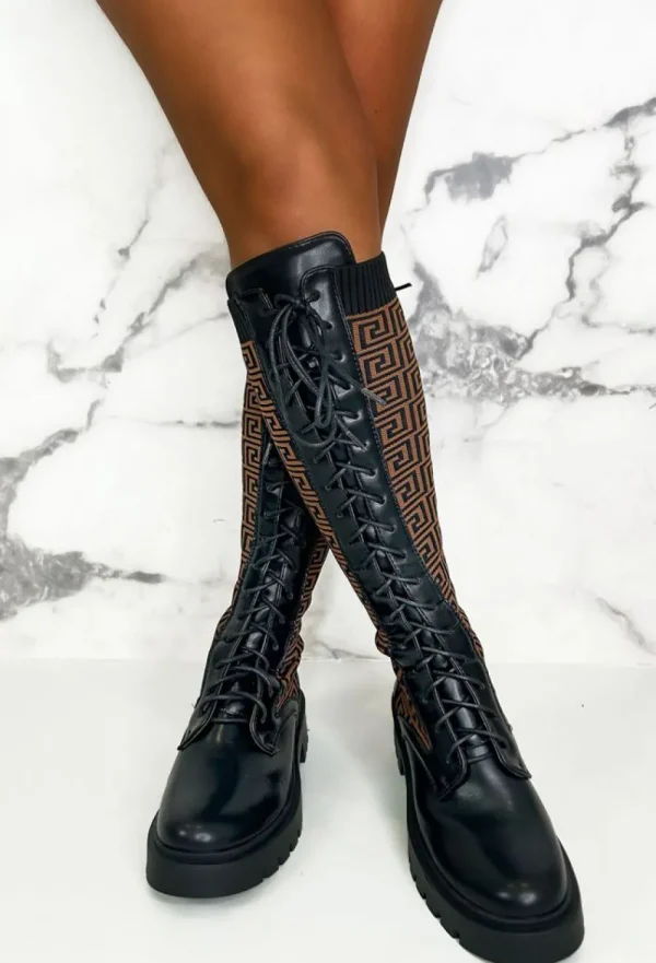 IDEAL SHOES Quite Obsessed Black Knitted Geometric Lace Up Knee High Boots<Women Boots